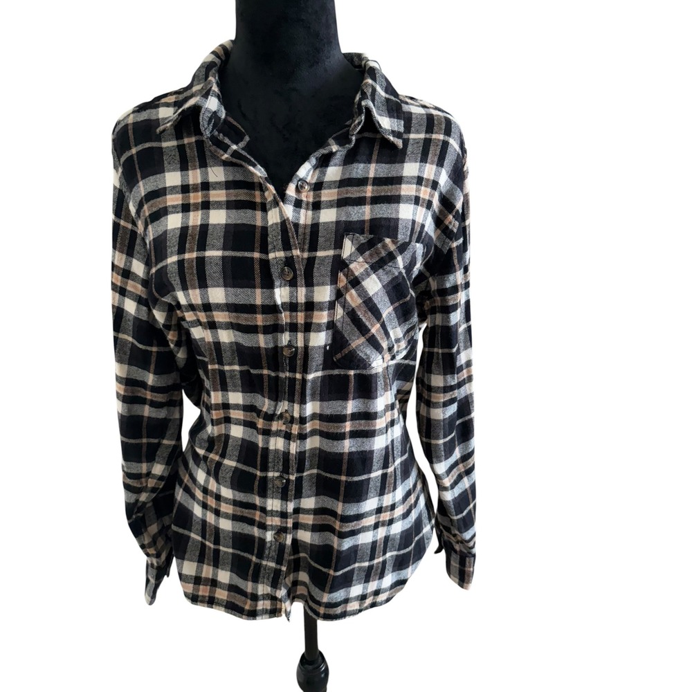 Time and Tru Womens Plaid Button Down Shirt Black Tan White Medium 8-10